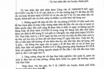 Công văn số 7391/UBND-KGVX về việc cách ly y tế cho trường hợp F1 đã tiêm đủ liều Vắc Xin Covid-19 hoặc chữa khỏi Covid-19.