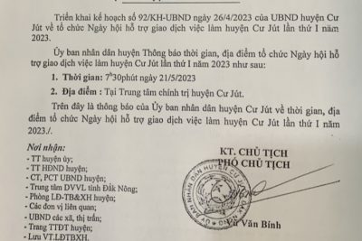 THÔNG BÁO SỐ 16/TB-UBND VỀ THỜI GIAN, ĐỊA ĐIỂM TỔ CHỨC NGÀY HỘI HỖ TRỢ GIAO DỊCH VIỆC LÀM HUYỆN CƯ JÚT LẦN THỨ NHẤT